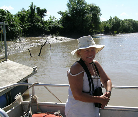 06 Lois on the boat as it goes across the river to the crocs
