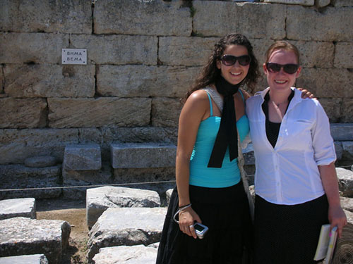 05Kaela and Randi Jo near the Bema where Paul preached.