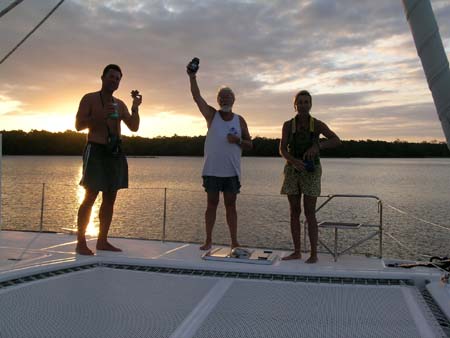 The crew toasts to our arrival at dusk, Escape R